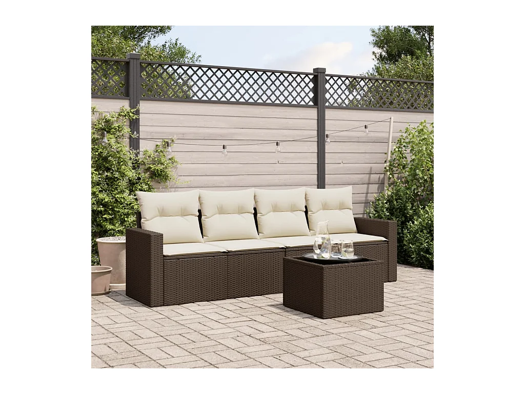 Salon de jardin avec coussins 5 pcs marron résine tressée