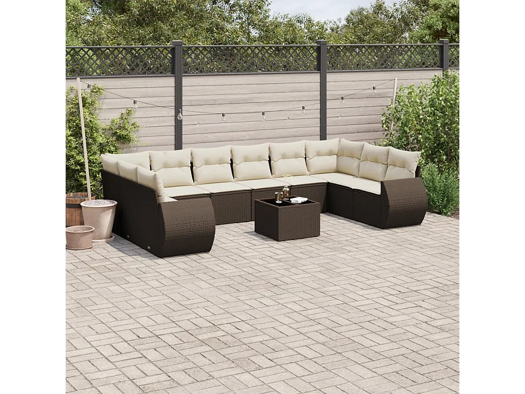 Salon de jardin et coussins 11 pcs marron résine tressée