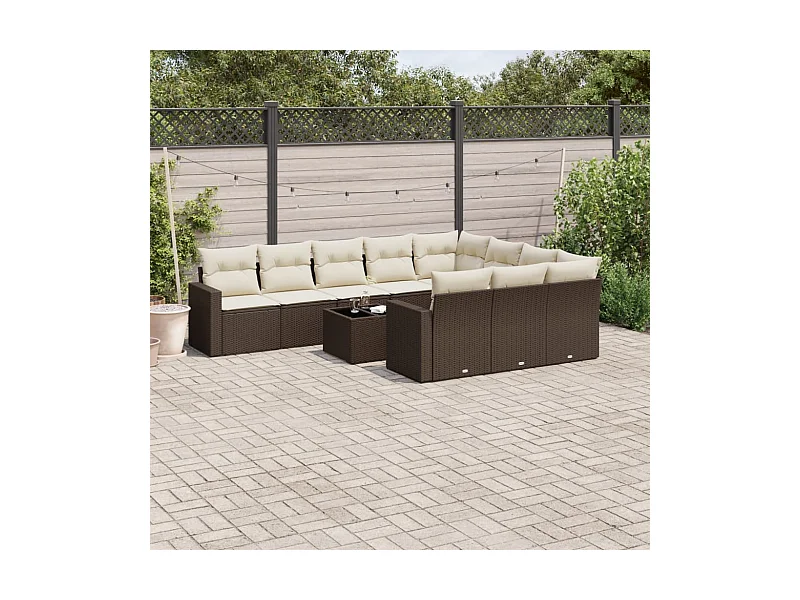 Salon de jardin et coussins 11 pcs marron résine tressée