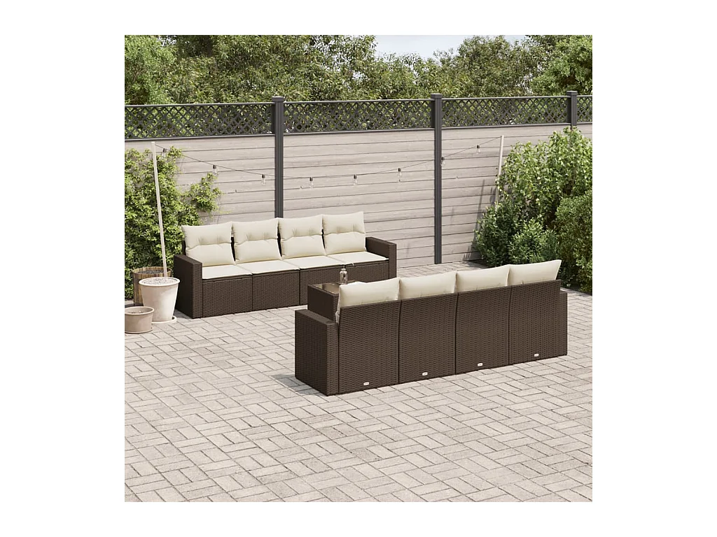 Salon de jardin avec coussins 9 pcs marron résine tressée