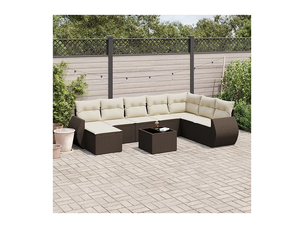 Salon de jardin avec coussins 9 pcs marron résine tressée