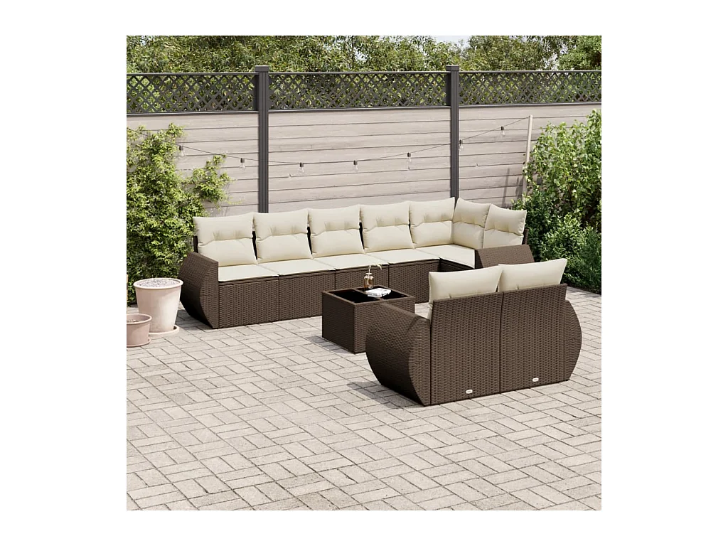 Salon de jardin avec coussins 9 pcs marron résine tressée