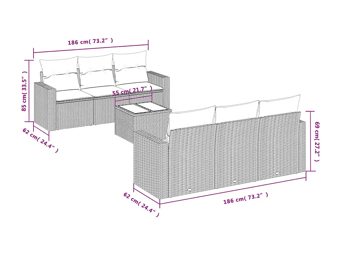 Set mobili da giardino con cuscini 7 pz in resina vimini marrone