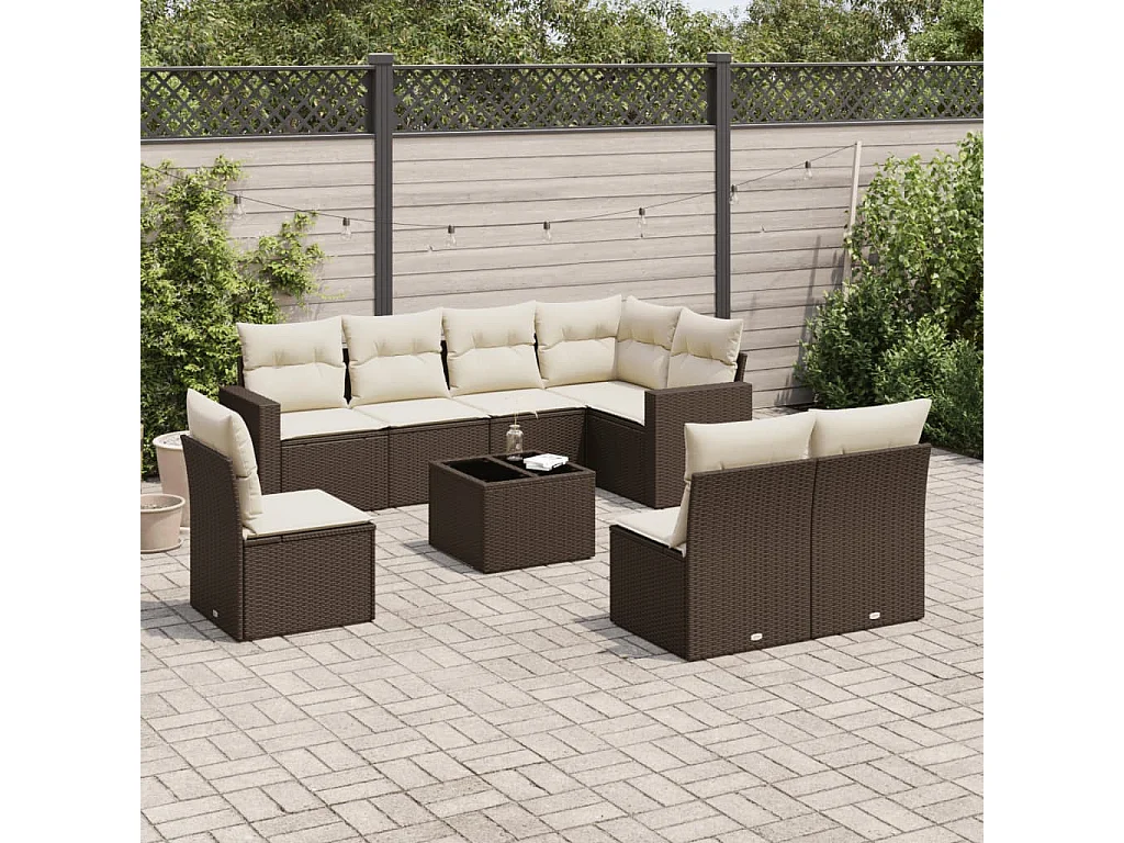 Salon de jardin avec coussins 9 pcs marron résine tressée