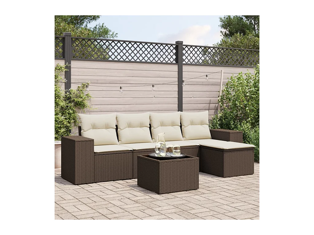 Salon de jardin avec coussins 6 pcs marron résine tressée