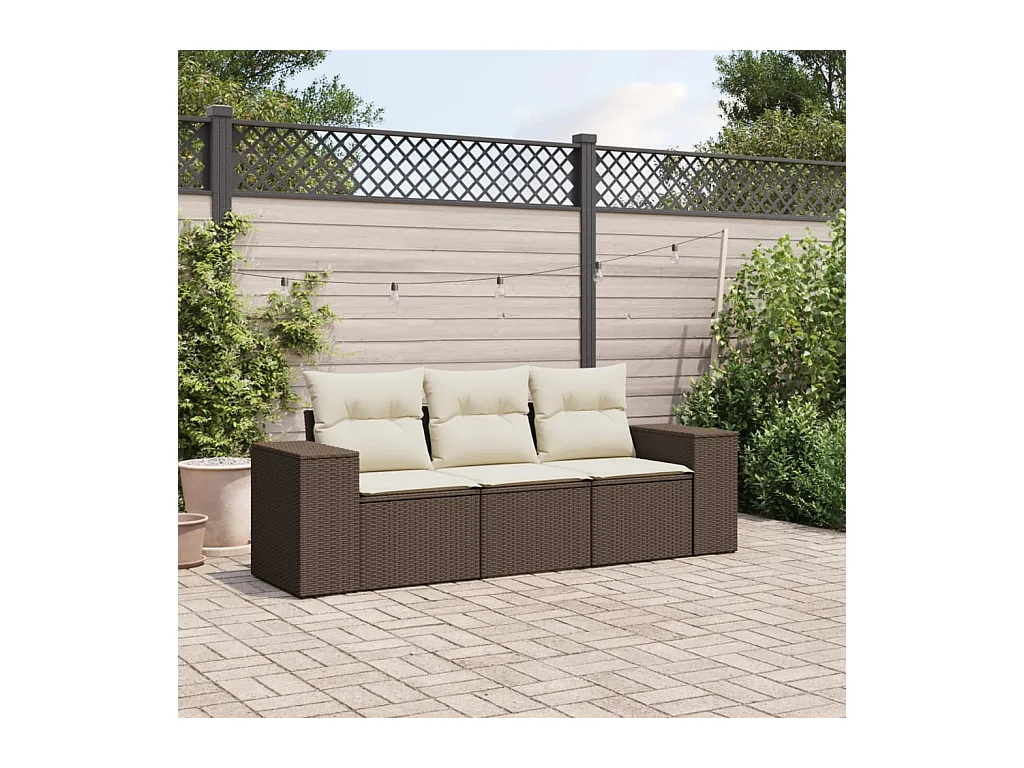 Salon de jardin avec coussins 3 pcs marron résine tressée