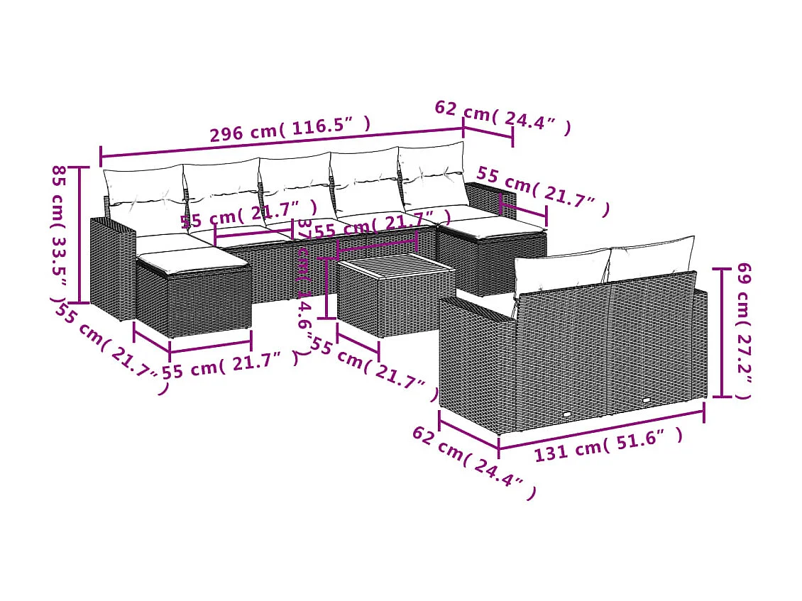 Conjunto de móveis de jardim com almofadas 10 peças resina trançada cinza