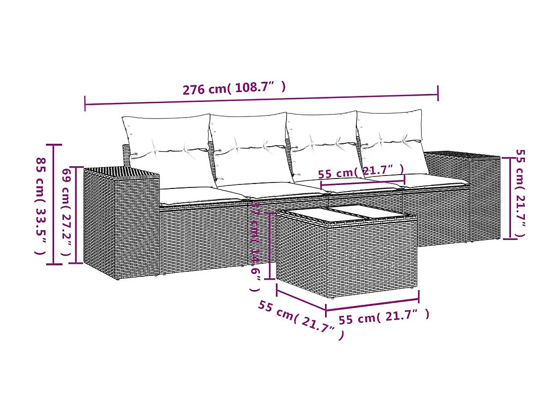 Salon de jardin avec coussins 5 pcs marron résine tressée