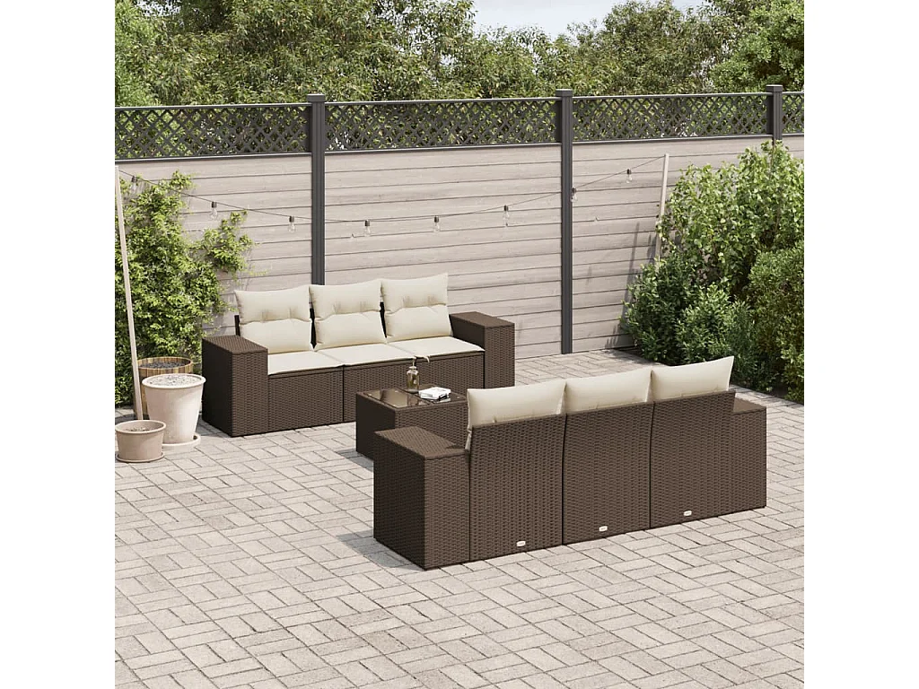 Salon de jardin avec coussins 7 pcs marron résine tressée