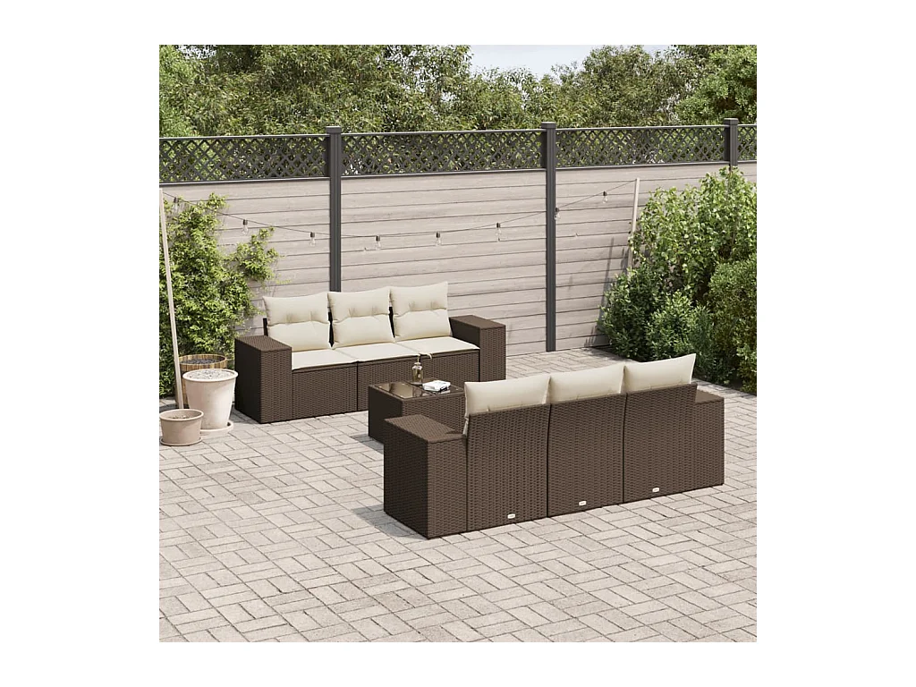 Salon de jardin avec coussins 7 pcs marron résine tressée