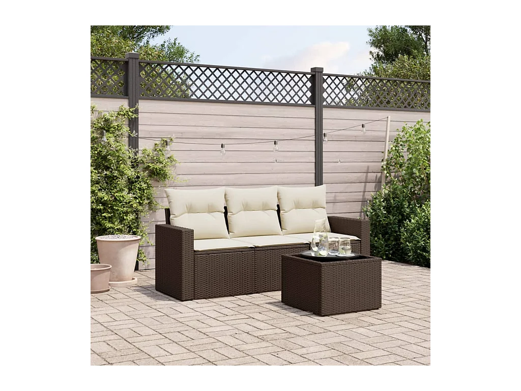 Salon de jardin 4 pcs avec coussins marron résine tressée