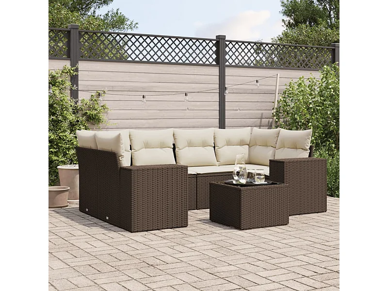 Salon de jardin avec coussins 7 pcs marron résine tressée