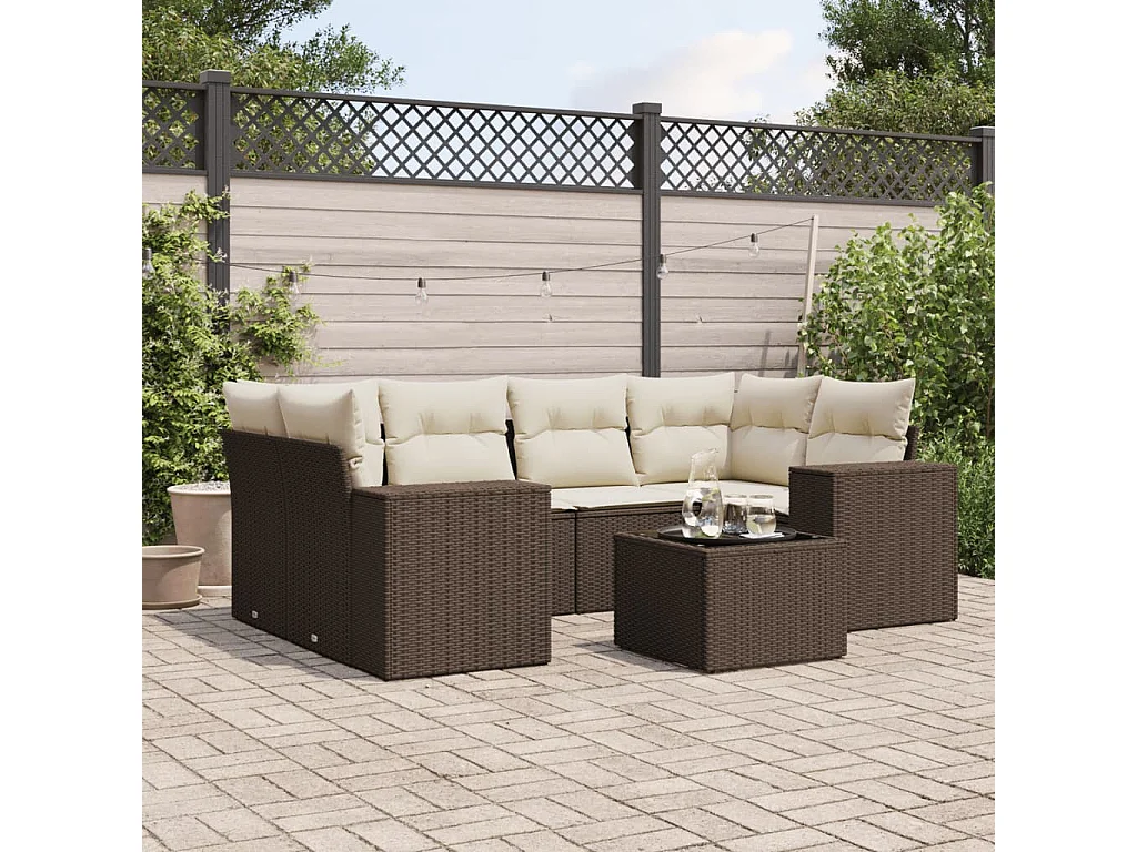 Salon de jardin avec coussins 7 pcs marron résine tressée