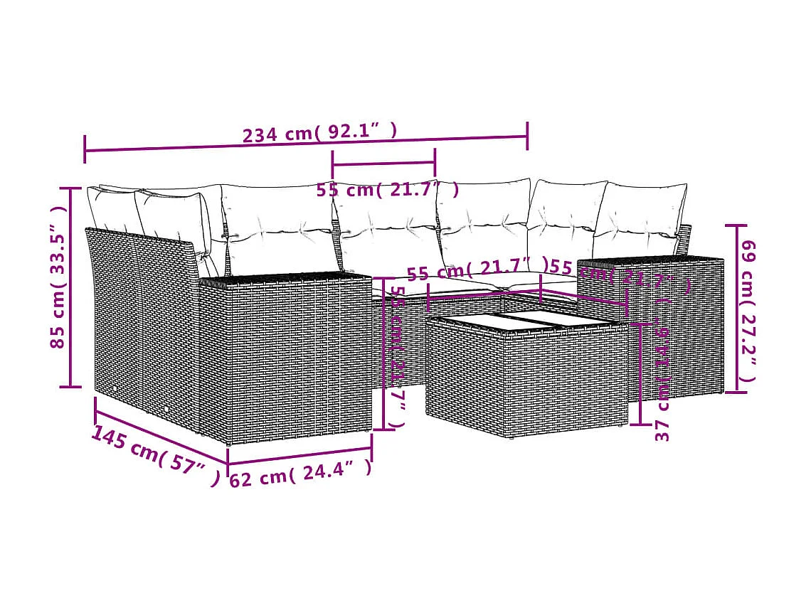 Salon de jardin avec coussins 7 pcs marron résine tressée