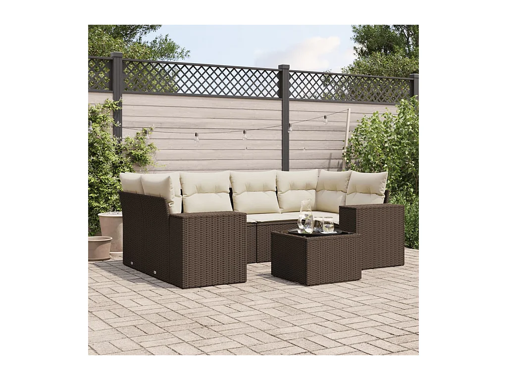 Salon de jardin avec coussins 7 pcs marron résine tressée
