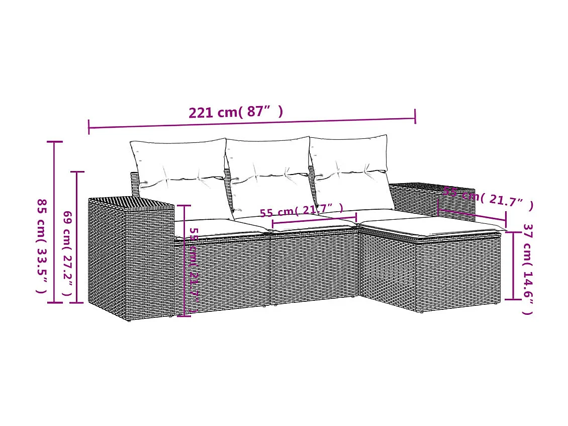 Conjunto de muebles de jardín de 4 piezas con cojines marrones en resina trenzada