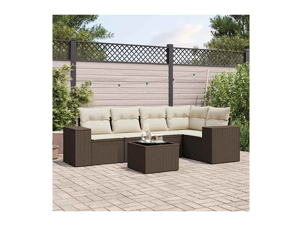 Salon de jardin avec coussins 6 pcs marron résine tressée