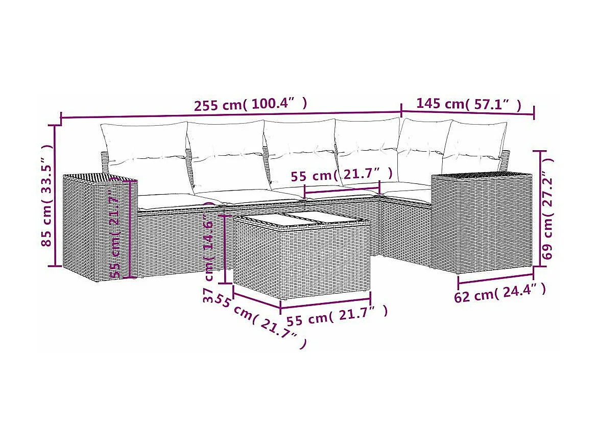 Salon de jardin avec coussins 6 pcs marron résine tressée