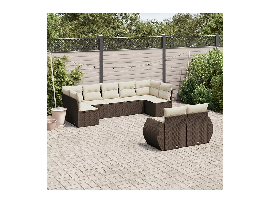 Salon de jardin avec coussins 9 pcs marron résine tressée