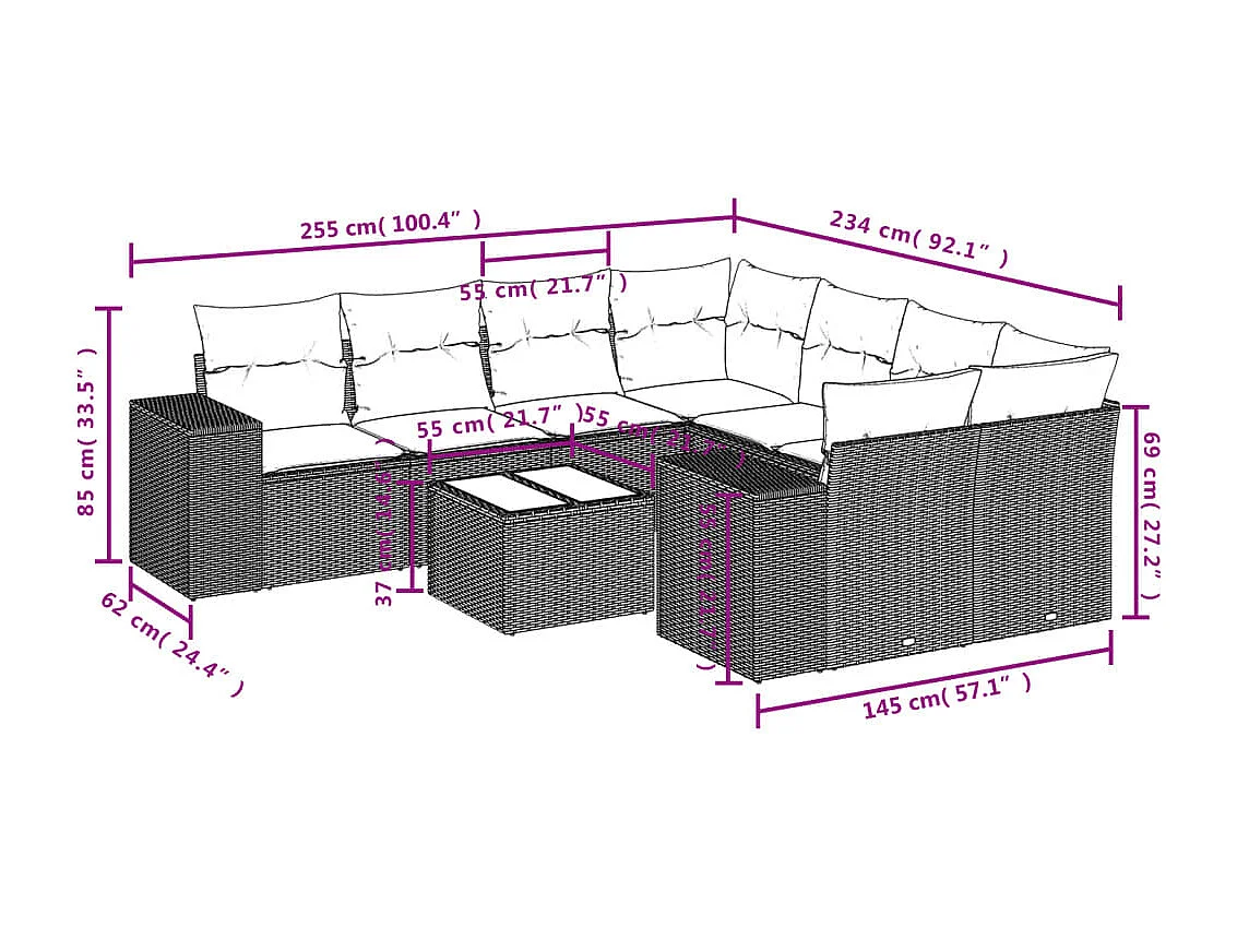 Conjunto de móveis de jardim com almofadas 9 peças resina de vime marrom