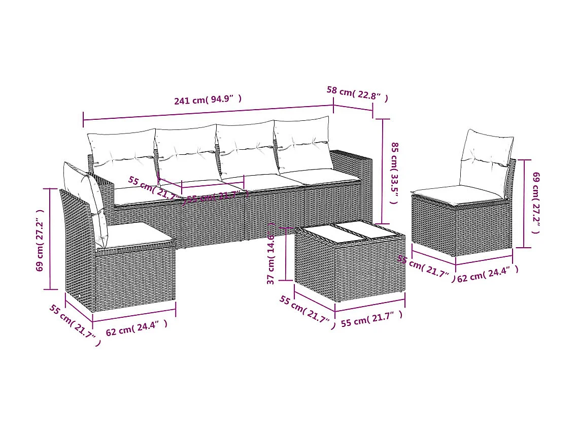 Conjunto de muebles de jardín con cojines 7 piezas resina mimbre marrón