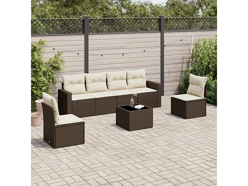 Set mobili da giardino con cuscini 7 pz in resina vimini marrone
