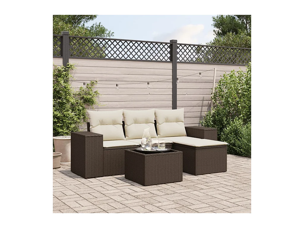 Salon de jardin avec coussins 5 pcs marron résine tressée
