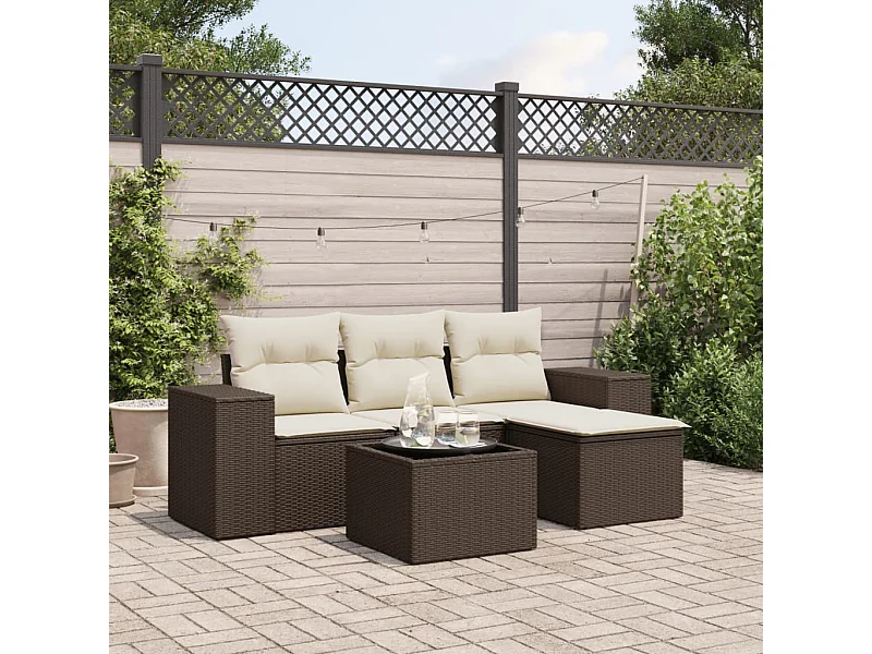 Salon de jardin avec coussins 5 pcs marron résine tressée