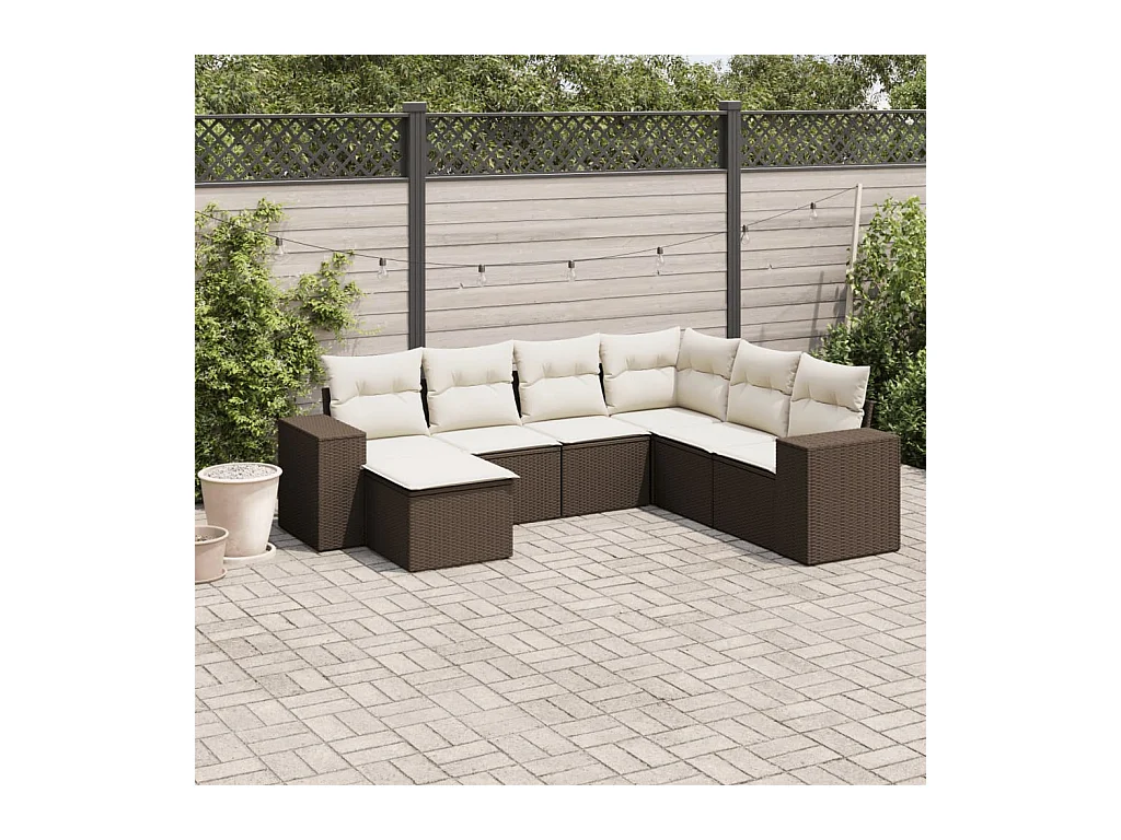 Salon de jardin avec coussins 7 pcs marron résine tressée