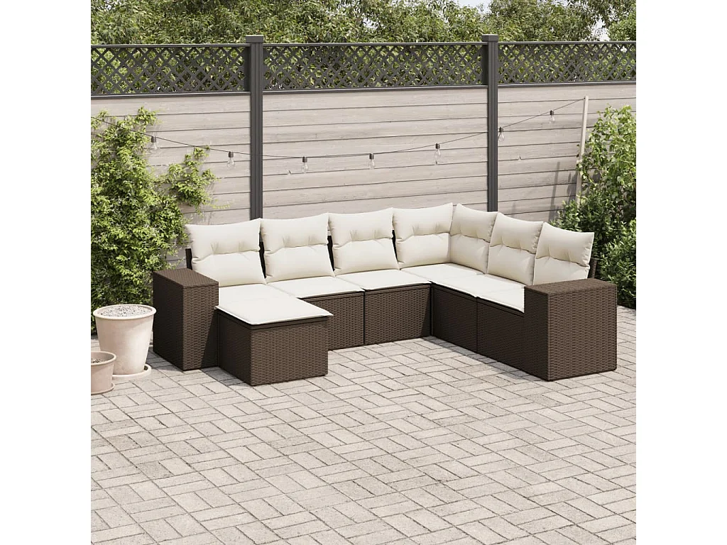 Set mobili da giardino con cuscini 7 pz in resina vimini marrone