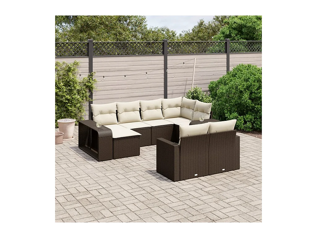 Salon de jardin 10 pcs avec coussins marron résine tressée