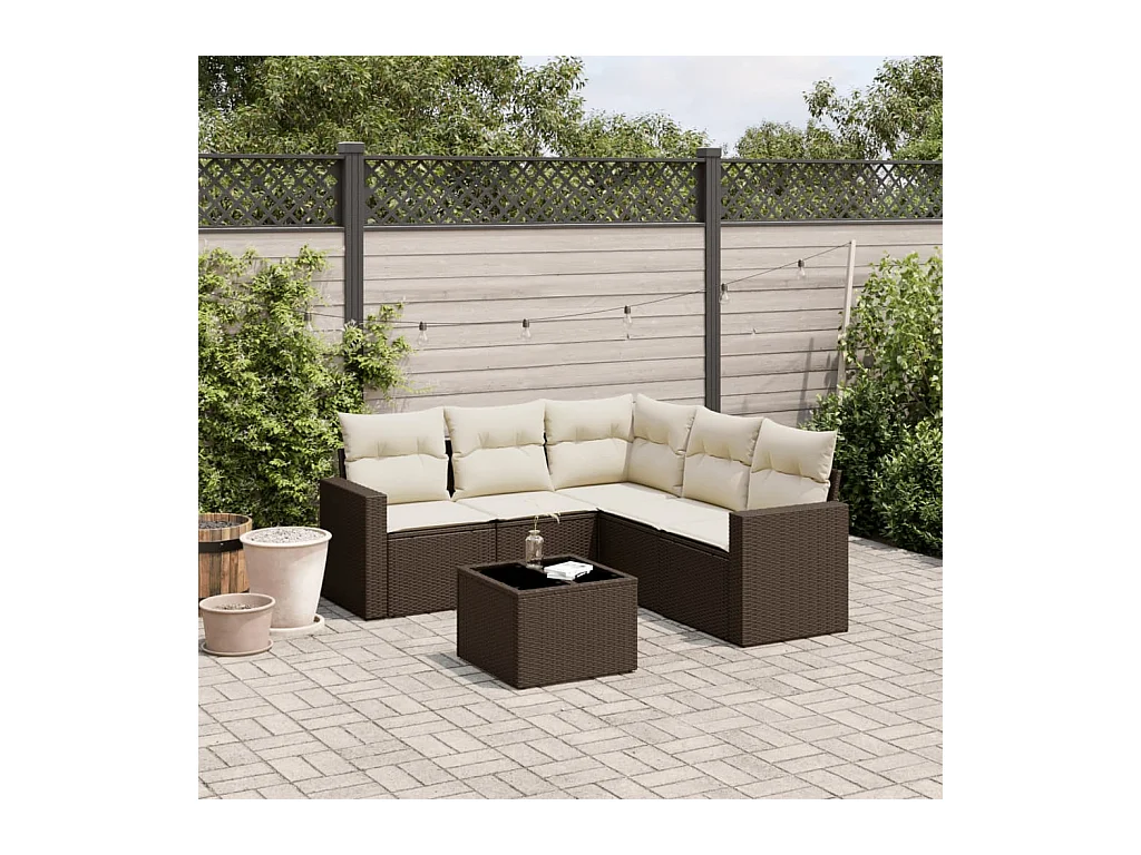 Salon de jardin avec coussins 6 pcs marron résine tressée
