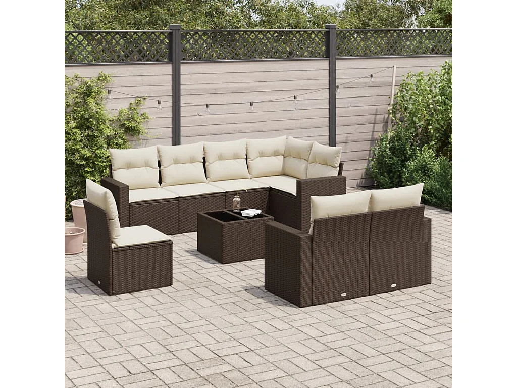Salon de jardin avec coussins 9 pcs marron résine tressée