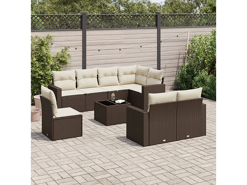 Set mobili da giardino con cuscini 9 pezzi in vimini marrone resina