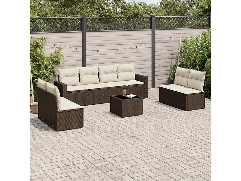 Salon de jardin avec coussins 9 pcs marron résine tressée