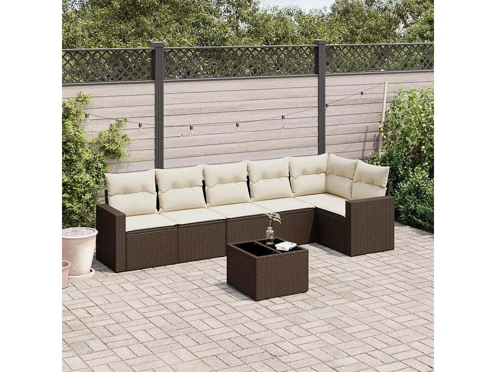 Set mobili da giardino con cuscini 7 pz in resina vimini marrone