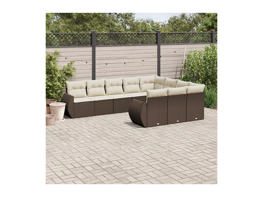 Salon de jardin 10 pcs avec coussins marron résine tressée