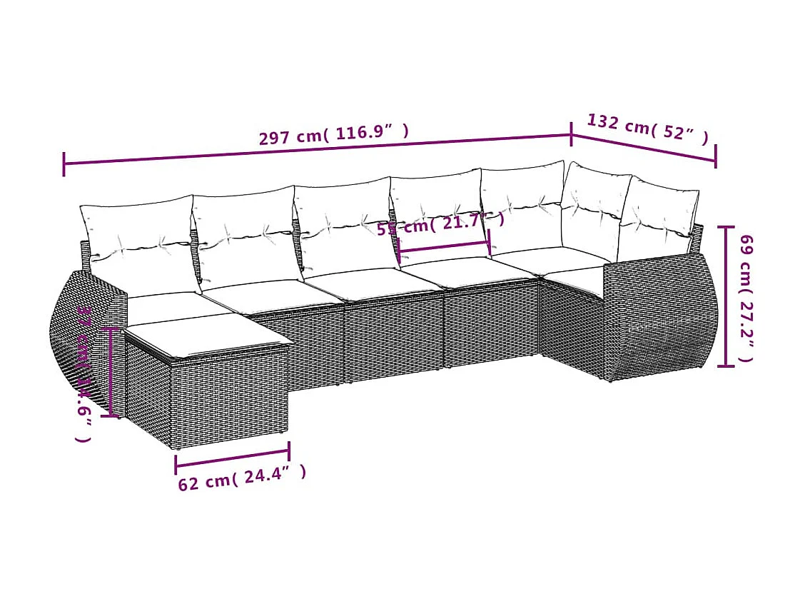 Set mobili da giardino con cuscini 7 pz in resina vimini marrone