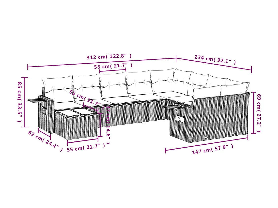 Conjunto de móveis de jardim de 10 peças com almofadas marrons em resina trançada