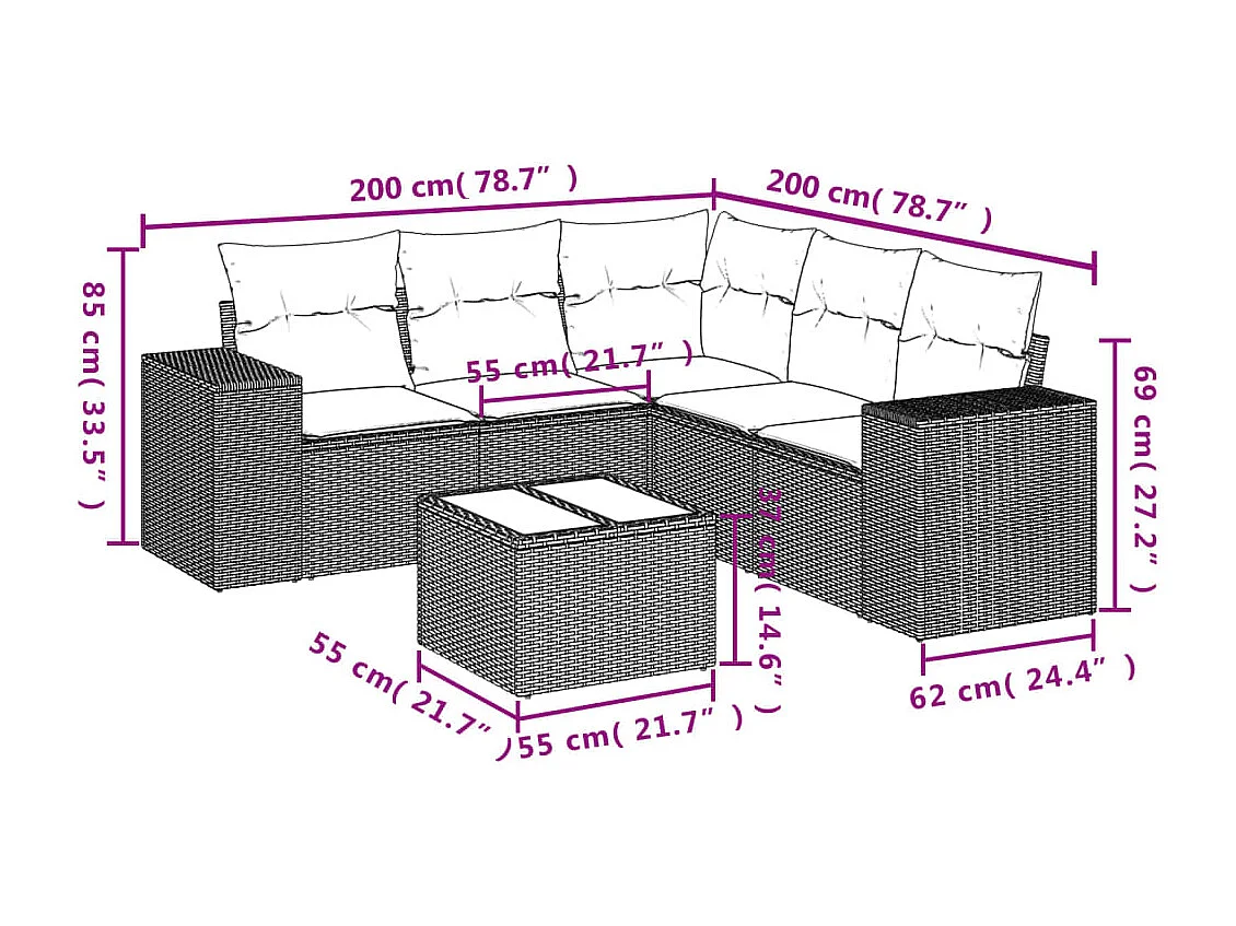 Conjunto de móveis de jardim com almofadas 6 peças resina trançada marrom