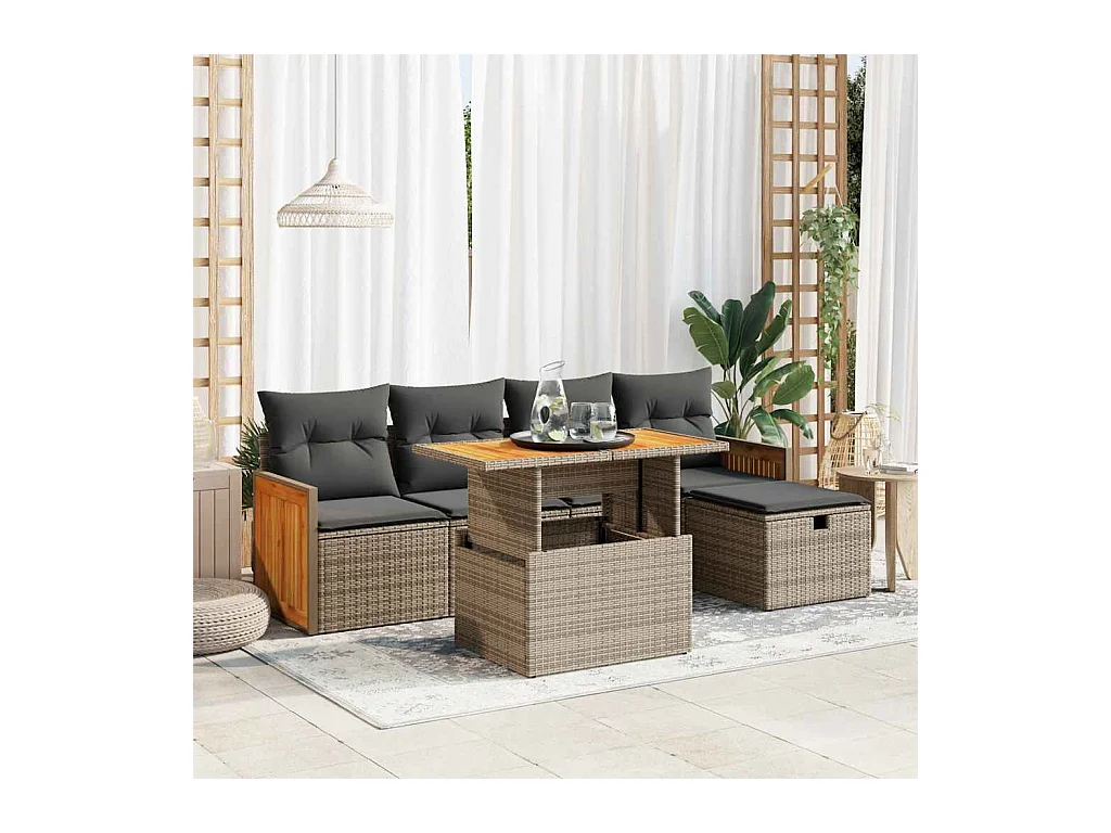 Salon de jardin 6 pcs avec coussins gris résine tressée