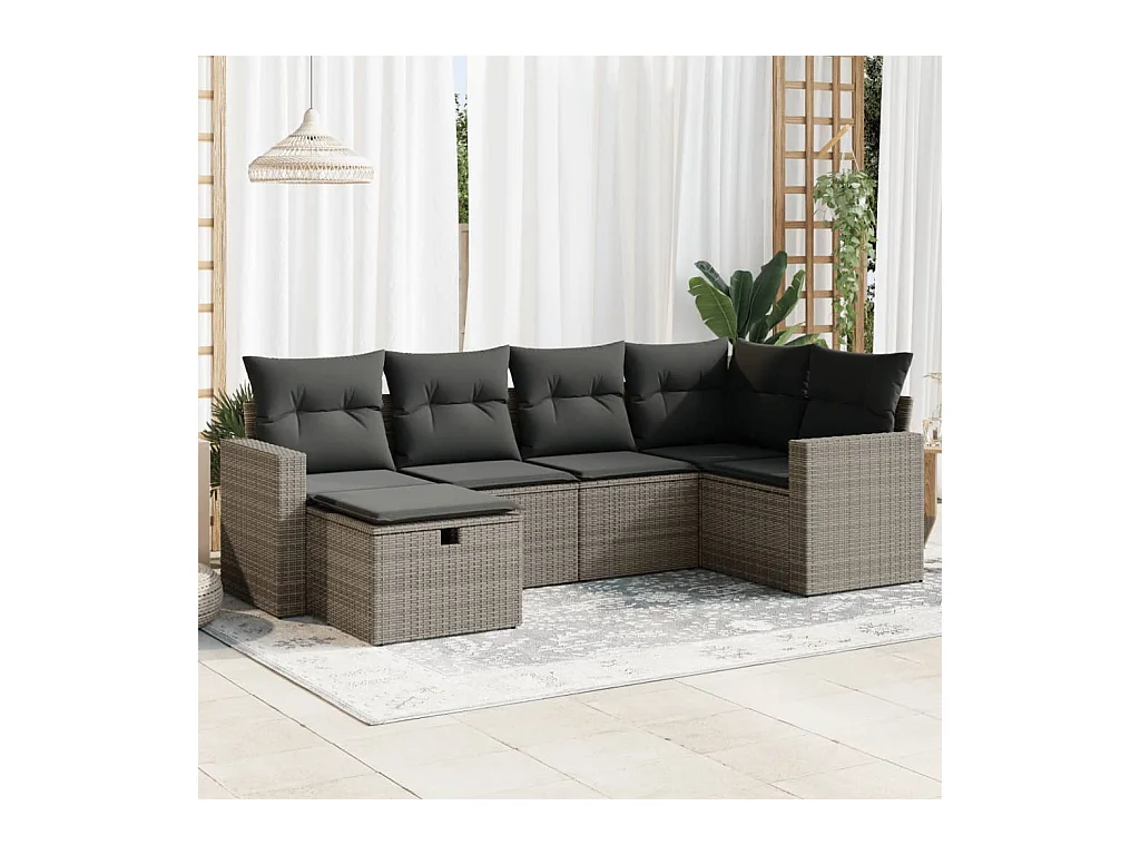 Salon de jardin 6 pcs avec coussins gris résine tressée