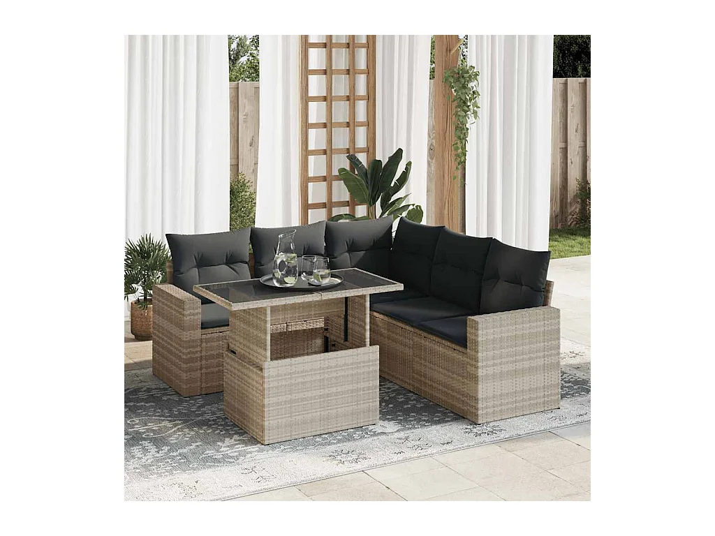 Salon de jardin 6 pcs avec coussins gris clair résine tressée