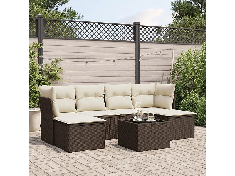 Salon de jardin avec coussins 7 pcs marron résine tressée