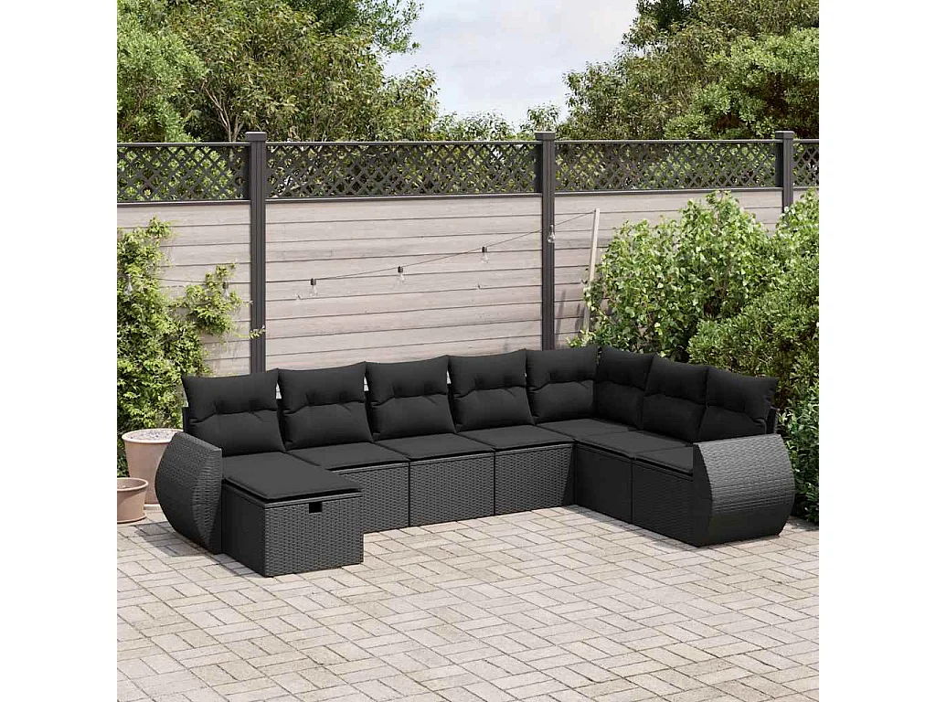 Set di mobili da giardino da 8 pezzi con cuscini neri in resina intrecciata