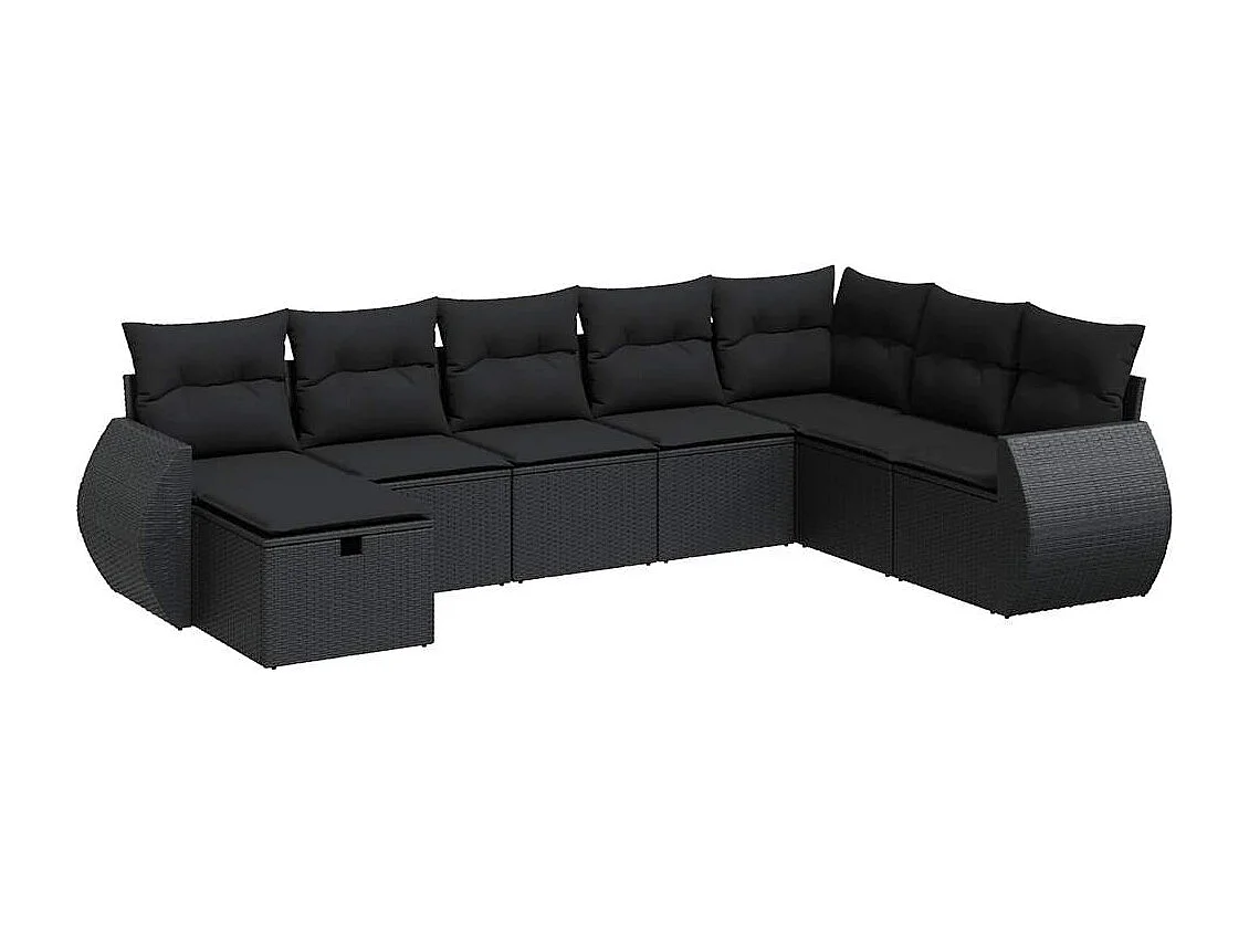 Set di mobili da giardino da 8 pezzi con cuscini neri in resina intrecciata