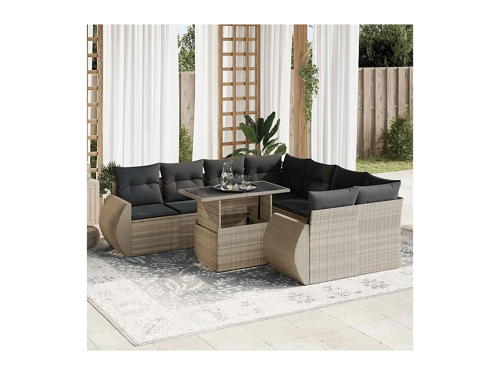 Salon de jardin 9 pcs avec coussins gris clair résine tressée