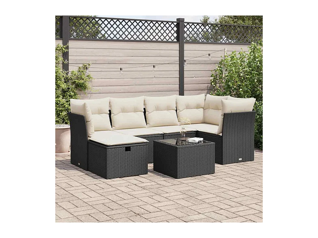Salon de jardin 7 pcs avec coussins noir résine tressée