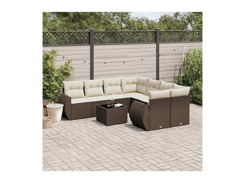 Salon de jardin avec coussins 9 pcs marron résine tressée