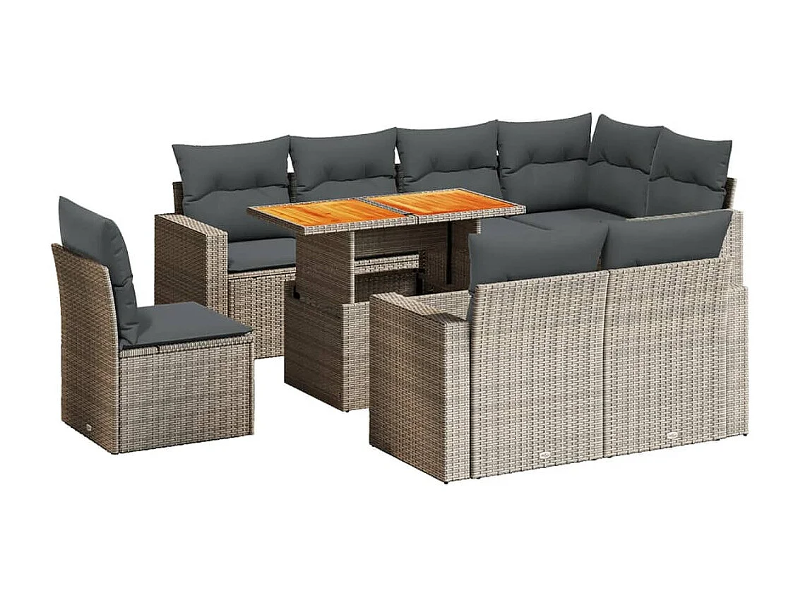 Salon de jardin 9 pcs avec coussins gris résine tressée